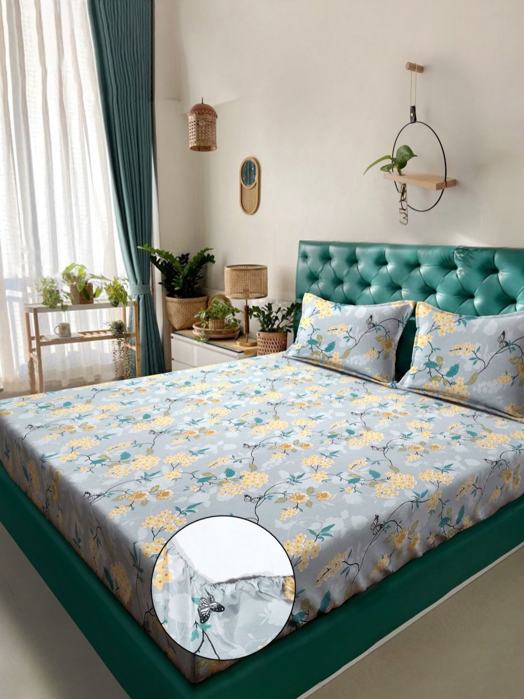 

Myntra Elegant Homes Grey & Yellow Printed Fitted 300 TC King Bedsheet Set 2.50m x 2.25m