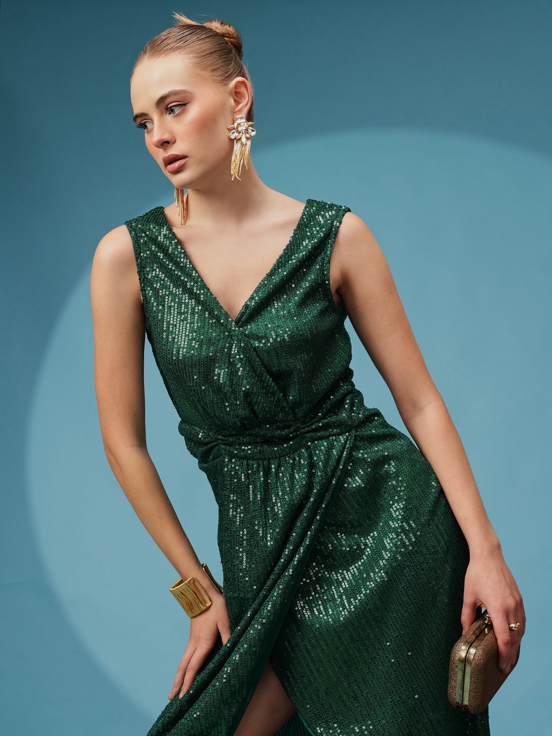 

ATRAENTA Women Embellished Net Wrap Dress, Green
