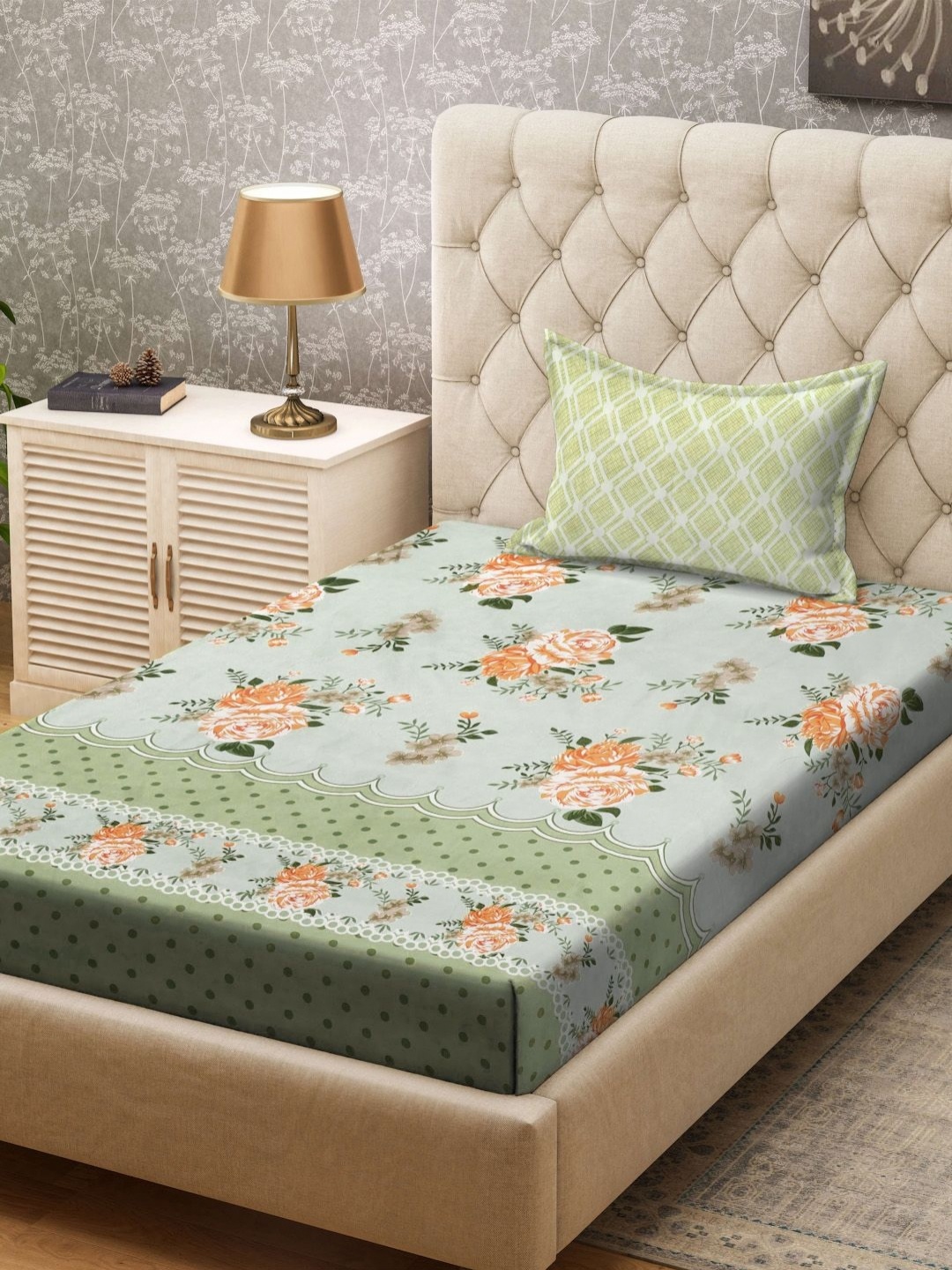 

Myntra Elegant Homes Green & Orange Floral 300 TC Single Bedsheet Set 2.5 m x 1.5 m