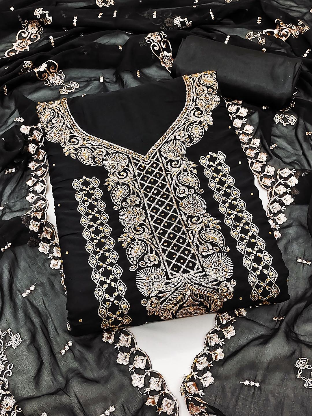 

SHADOW & SAINING Ethnic Motifs Embroidered Silk Georgette Unstitched Dress Material, Black