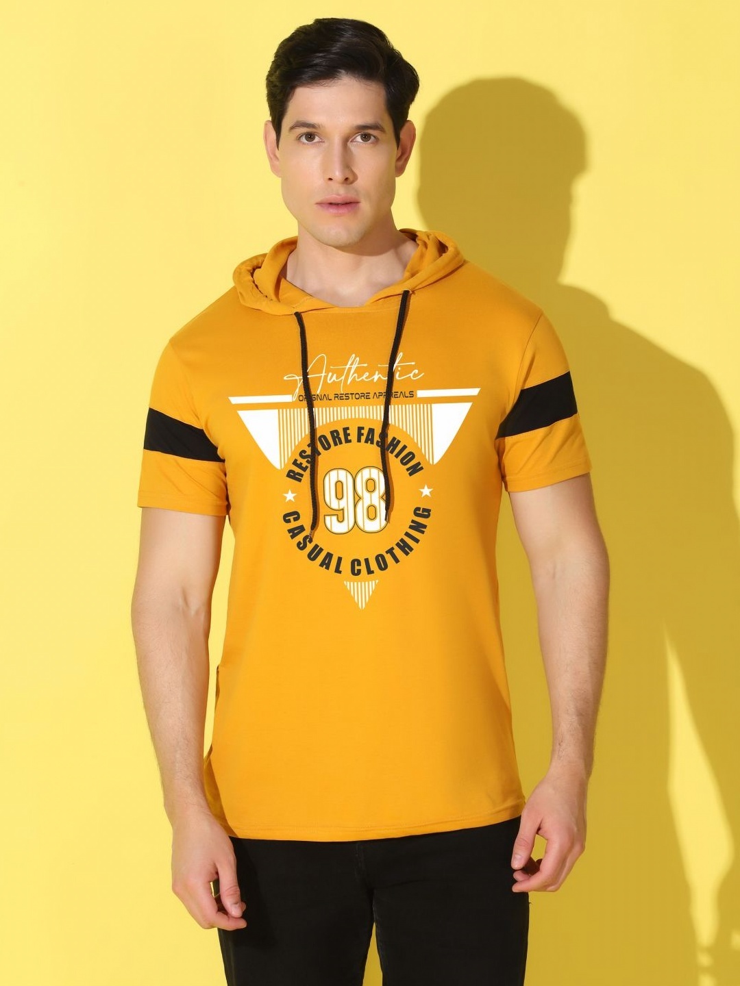 

WOOSTRO Men Typography Printed Hooded Slim Fit T-shirt, Mustard