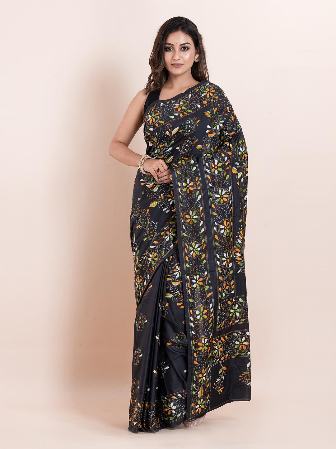 

PUKU Ethnic Motifs Embroidered Kantha Work Saree, Black