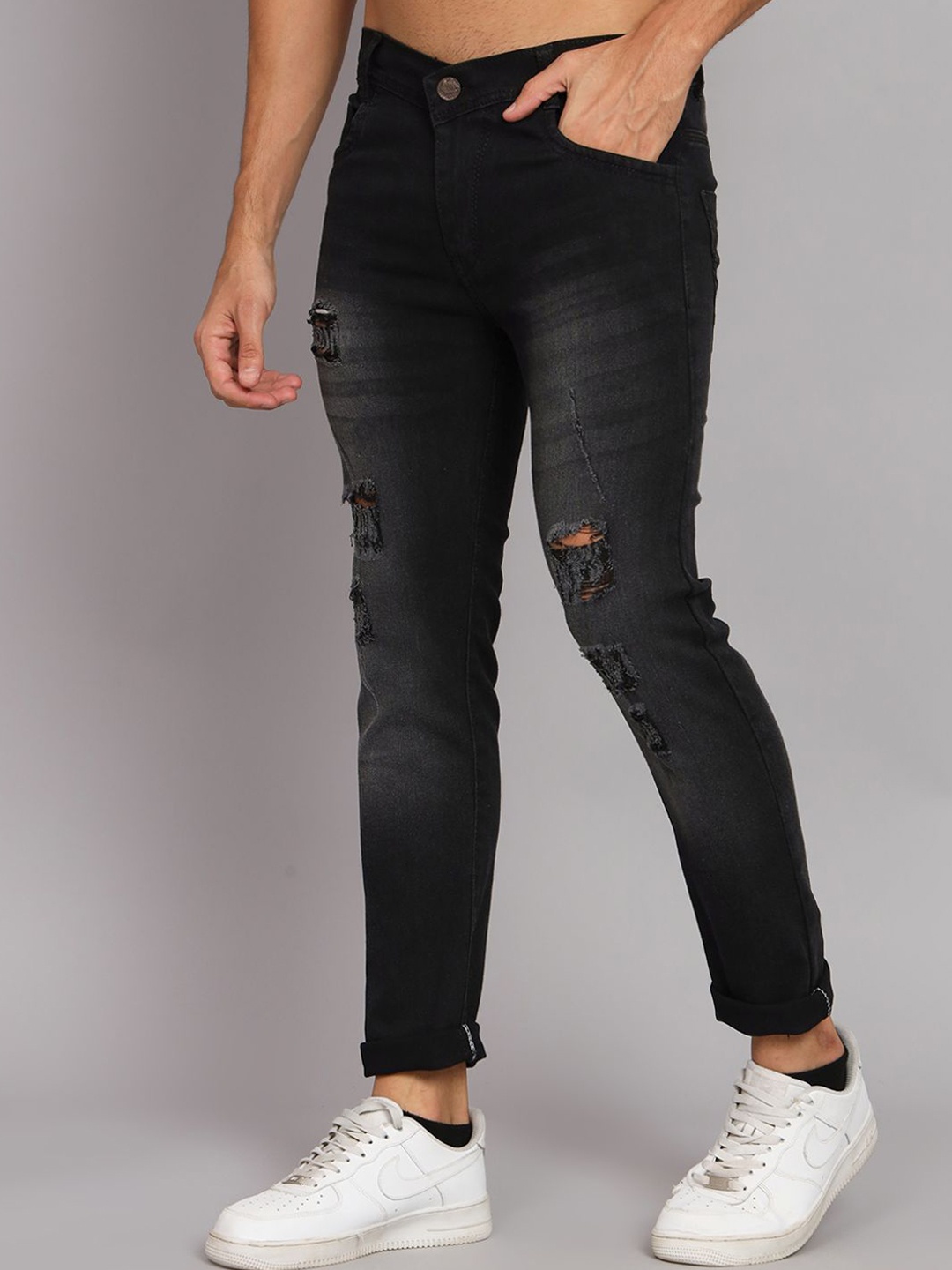 

COMFITS Men Classic Regular Fit Mid-Rise Mildly Distressed Heavy Fade Jeans, Grey