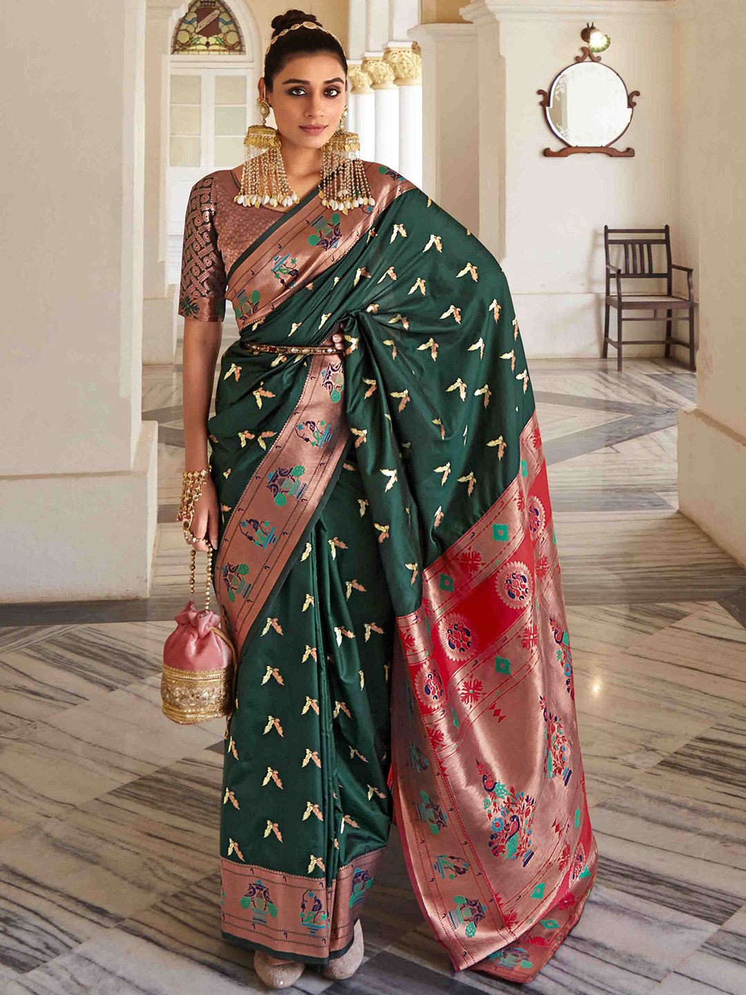 

Mitera Woven Design Zari Pure Georgette Paithani Saree, Green