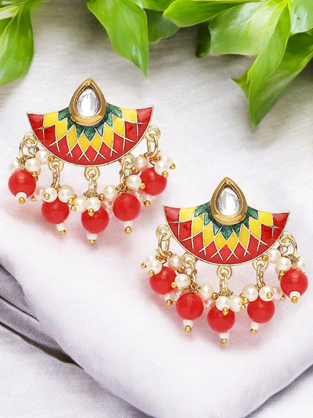 

Anouk Meenakari Kundan Studded Contemporary Shaped Drop Earring, Red