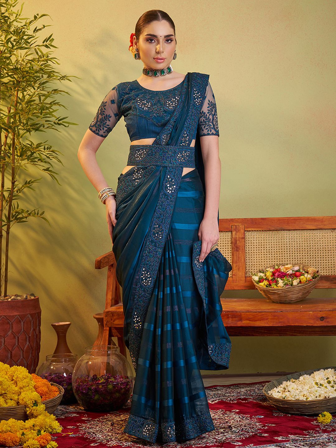 

Mitera Striped Embroidered Mirror Work Organza Saree, Teal