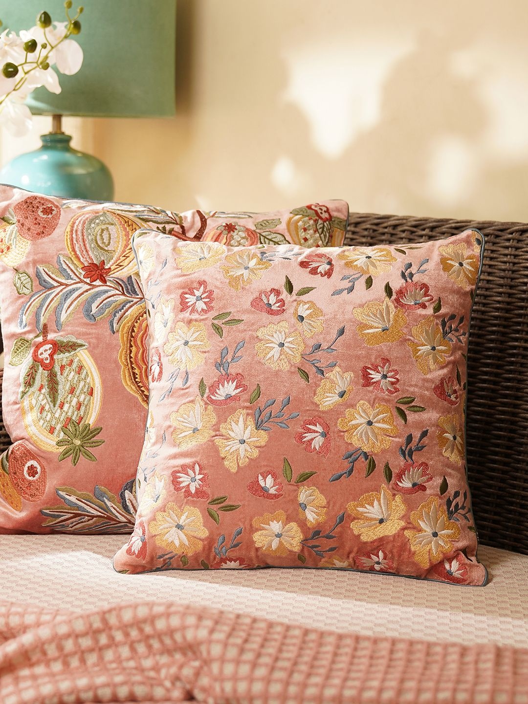 

Pure Home and Living Pink & Red Floral Threadwork Square Cushion Cover