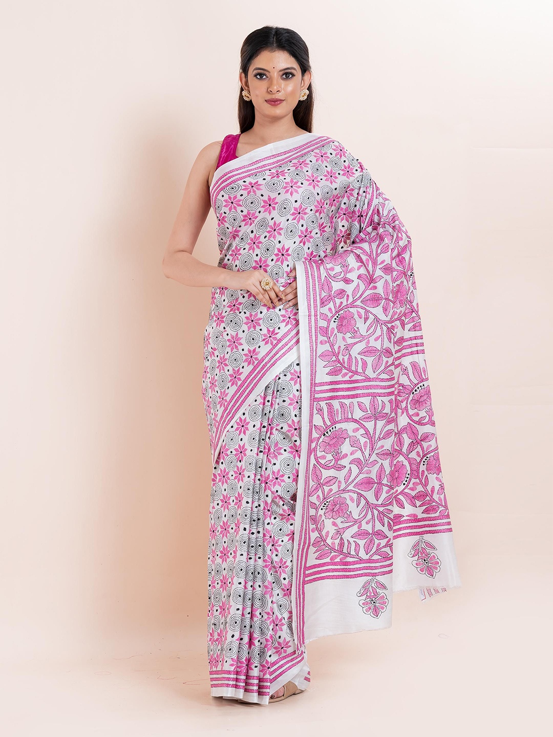 

PUKU Ethnic Motifs Kantha Work Heavy Work Saree, White