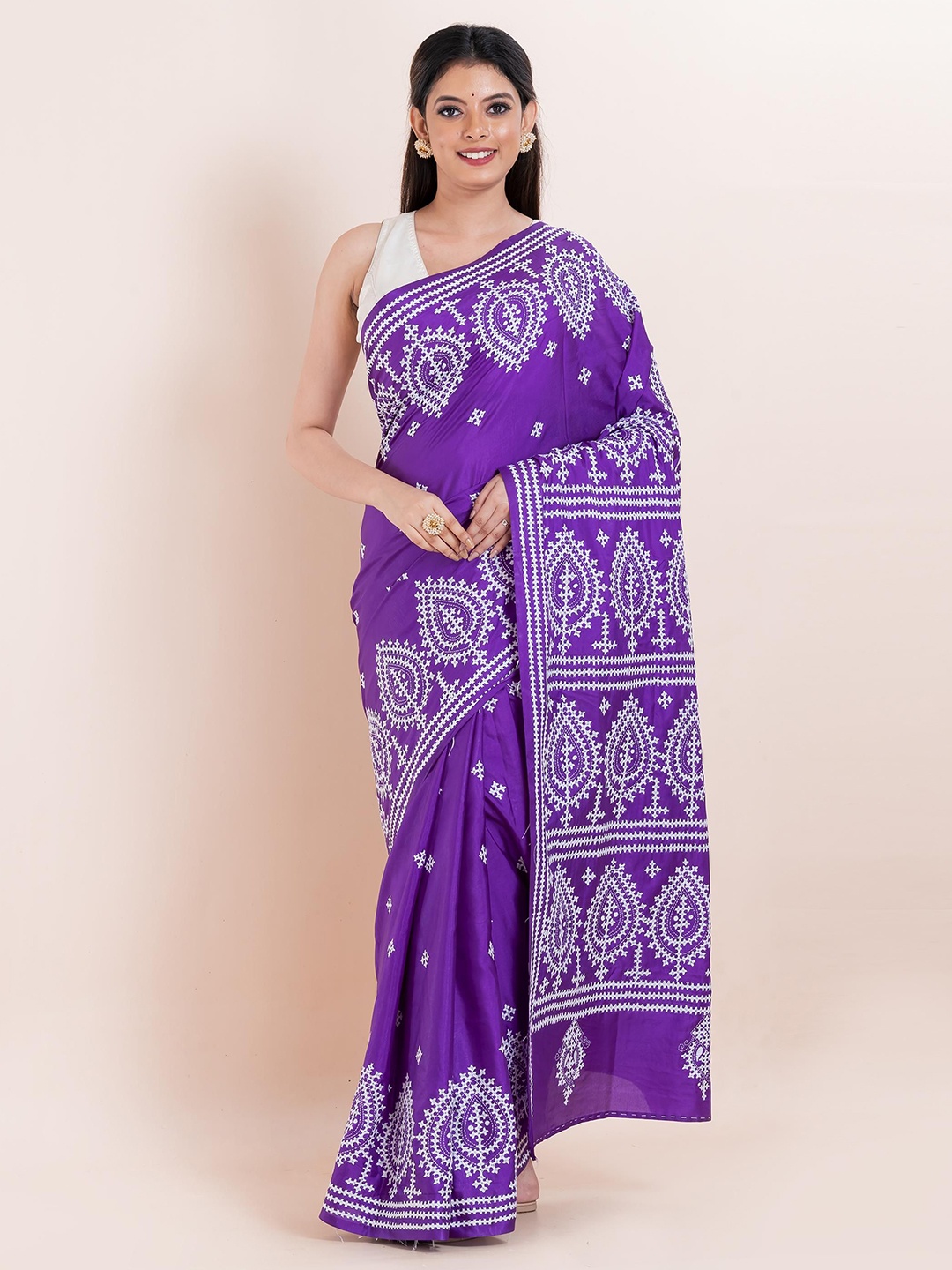 

PUKU Ethnic Motifs Kantha Work Saree, Purple