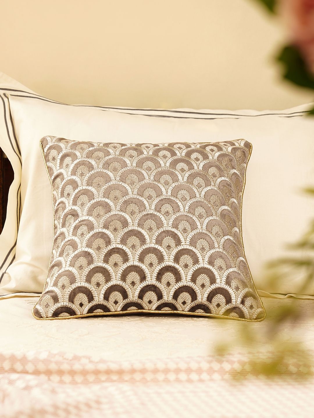 

Pure Home and Living Brown & Beige Embroidered Square Cushion Cover