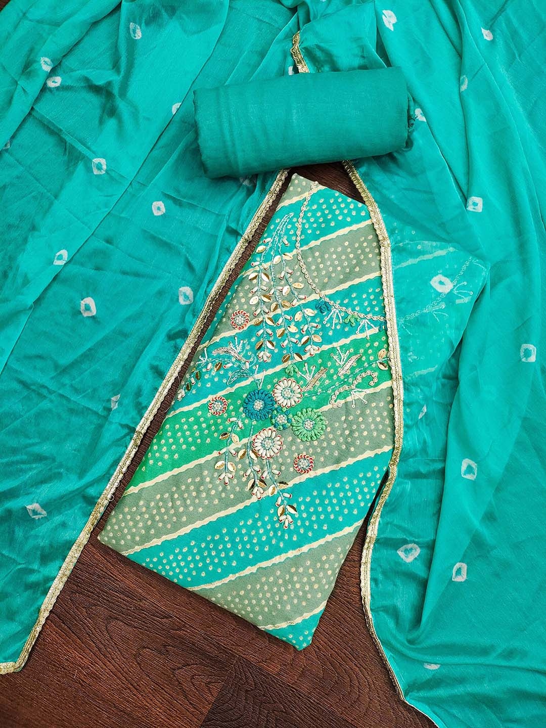

SHADOW & SAINING Embellished Semi-Stitched Dress Material, Sea green