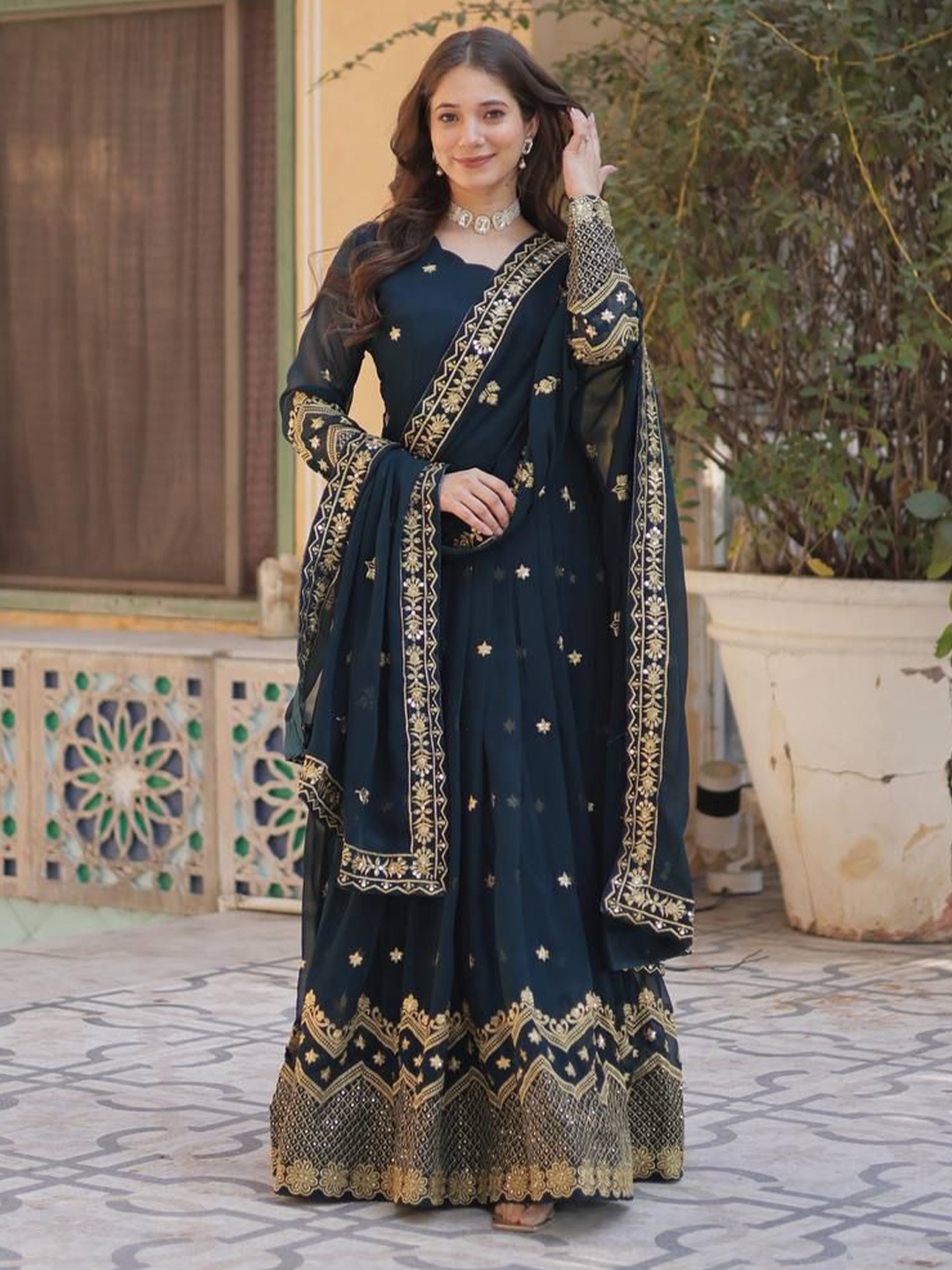 

ZIBLON Women Embroidered Maxi Ethnic Dresses With Dupatta, Teal