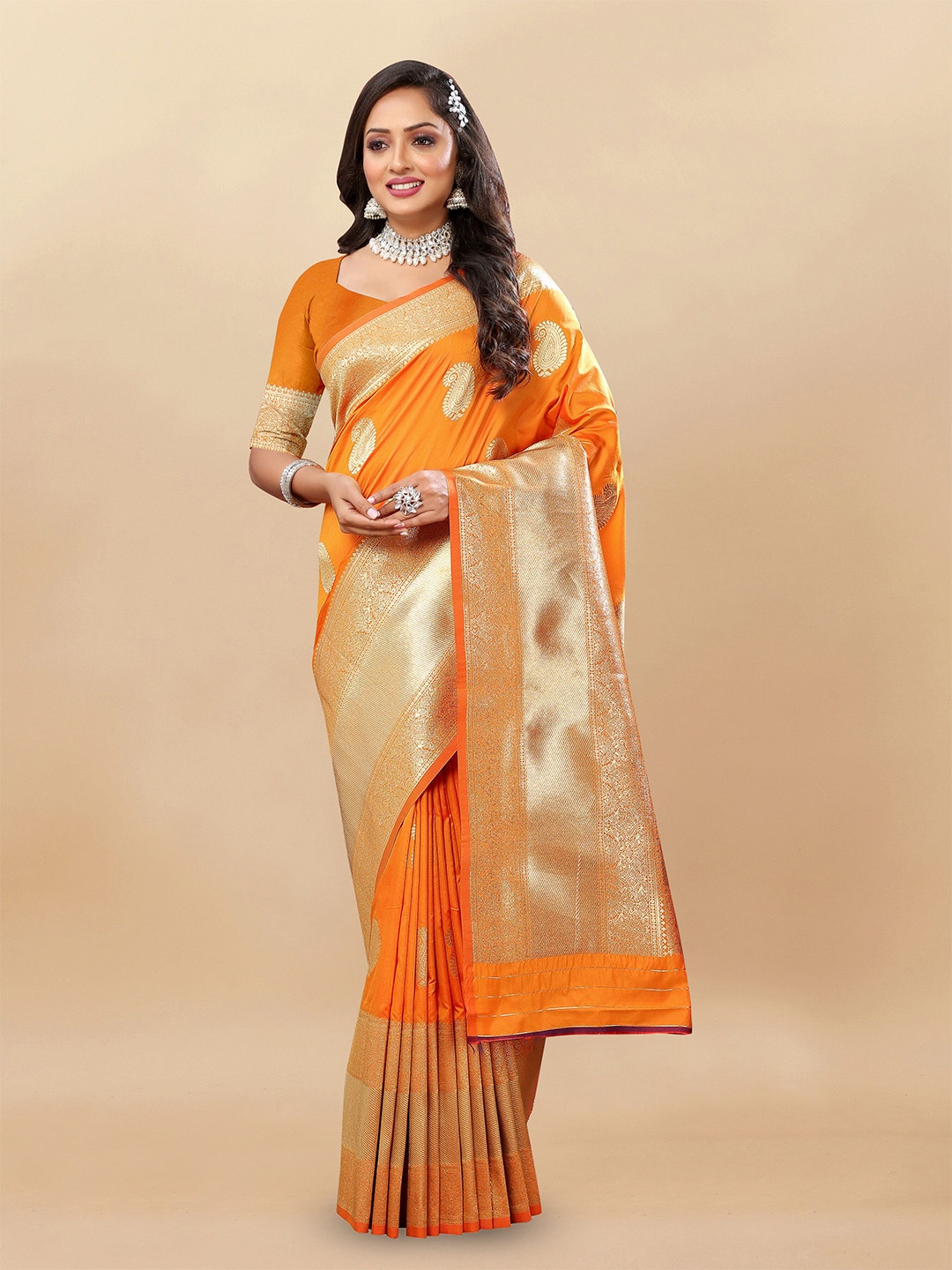 

VEECHIS Woven Design Zari Banarasi Saree, Orange