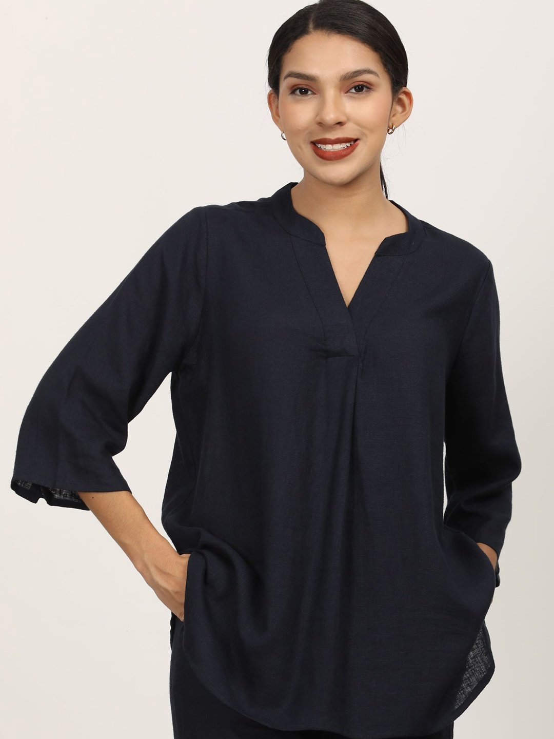 

Saltpetre Women Single Pleated Split V-Neck Top, Navy blue