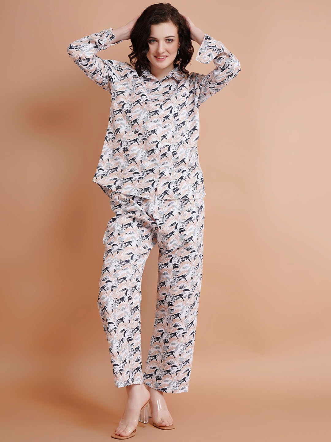 

Lugo Printed Shirt Collar Neck Shirt With Trousers Co-Ords, White