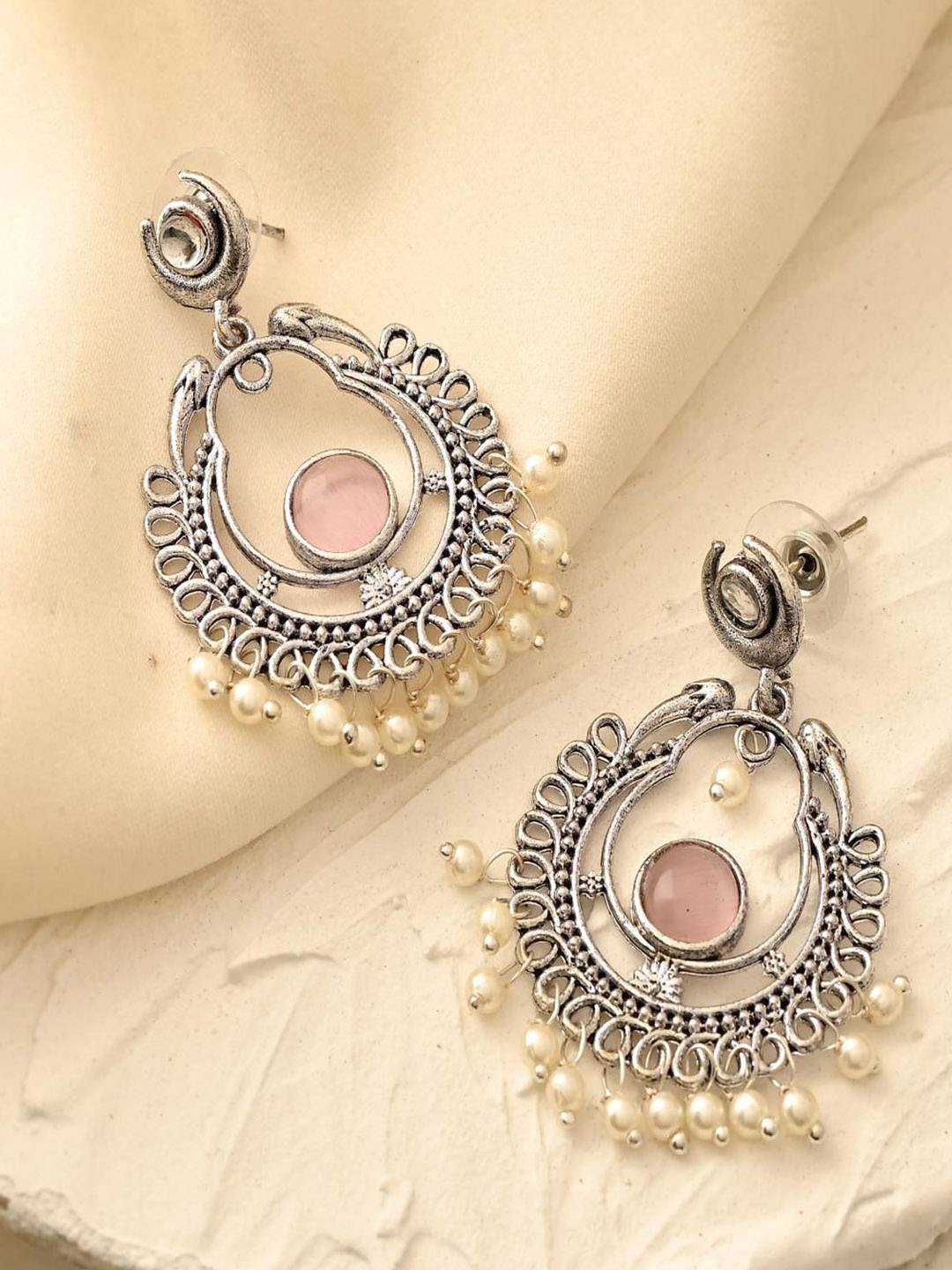 

STYYO Silver-Plated Artificial Stones Crescent Shaped Chandbalis Earrings
