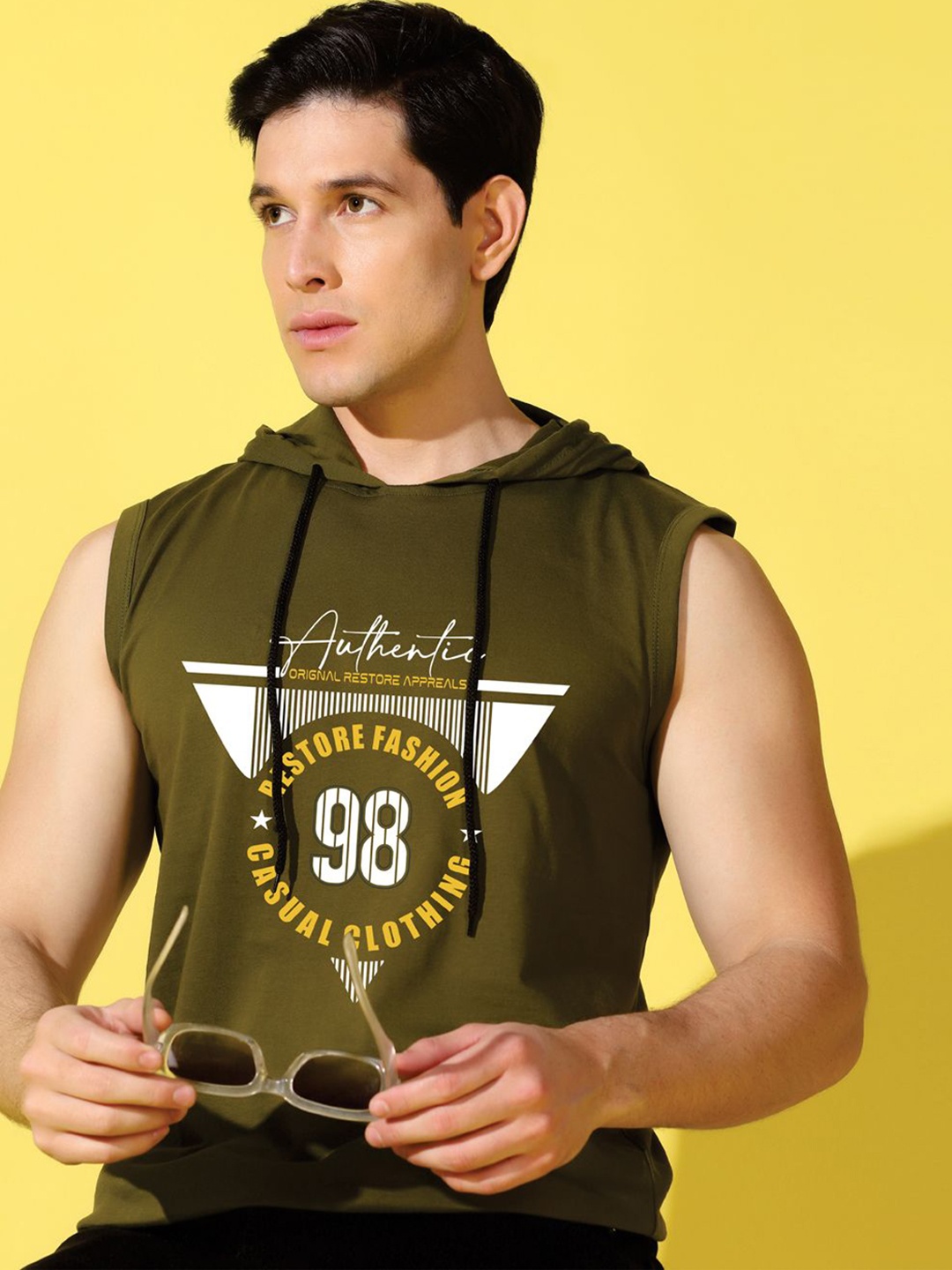 

WOOSTRO Men Typography Printed Hooded Cotton Slim Fit T-shirt, Olive