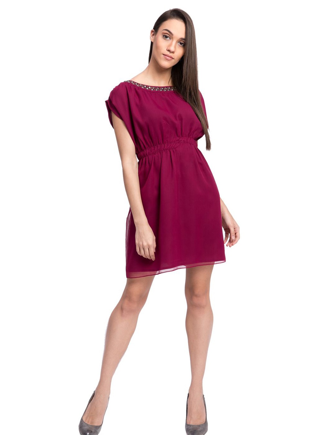 

The Sancy Women Embellished Extended Sleeves A-Line Dress, Pink