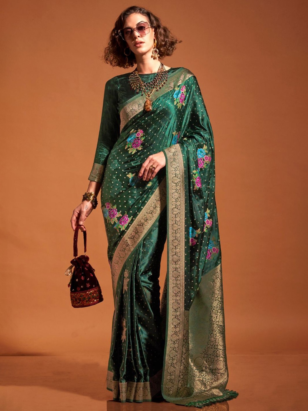 

Vardha Floral Printed Zari Patola Saree, Green