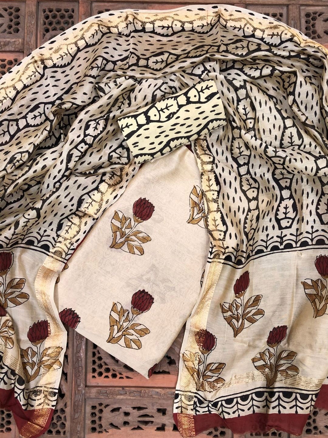 

PALASH Floral Block Printed Pure Silk Unstitched Dress Material, Cream