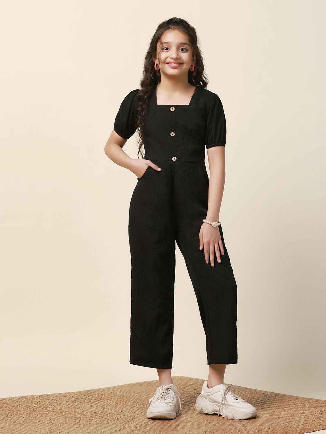 

YK Girls Basic Square Neck Jumpsuit, Black
