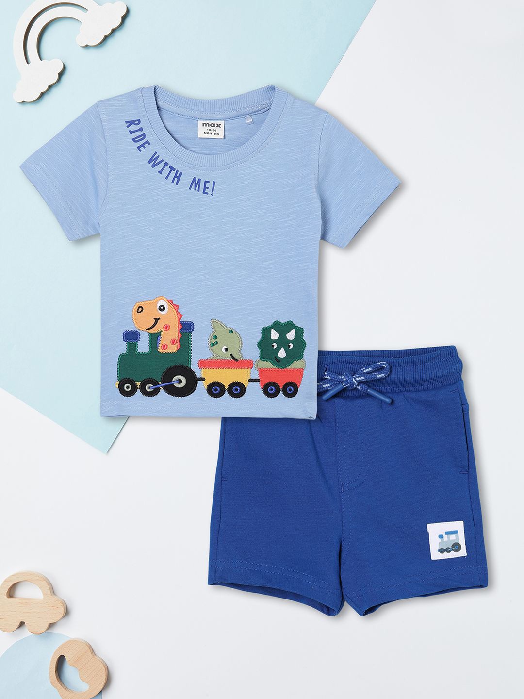 

max Boys Embroidered Round Neck Pure Cotton T-shirt With Shorts, Blue