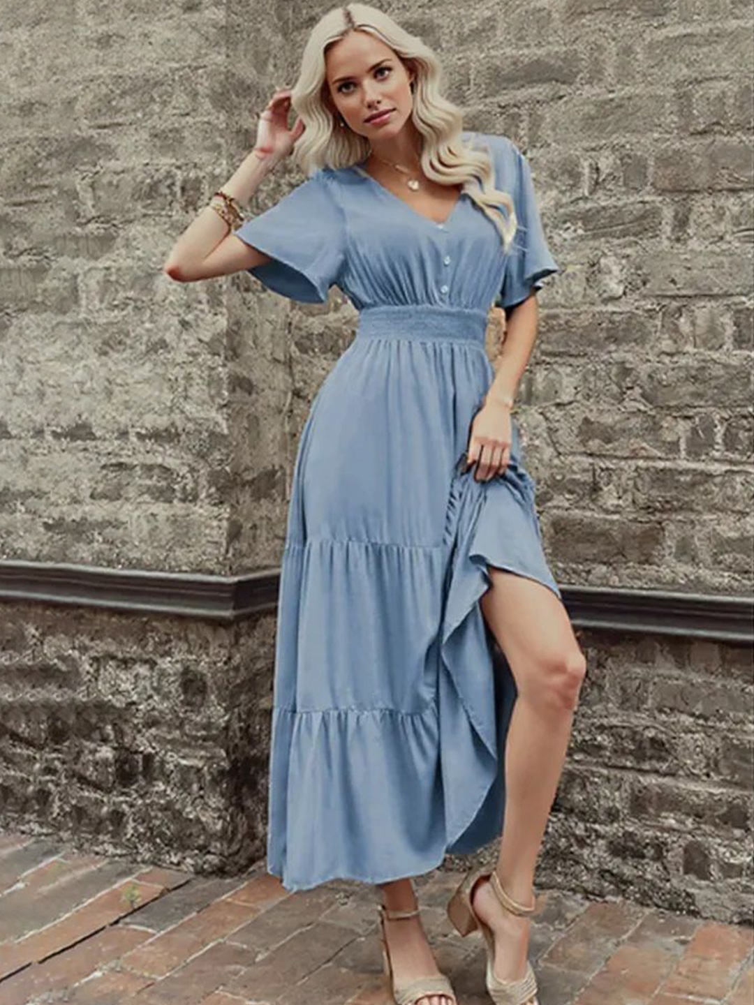 

FIESTA RESORTWEAR Women Tropical Solid V-Neck Asymmetric Empire Midi Dress, Blue
