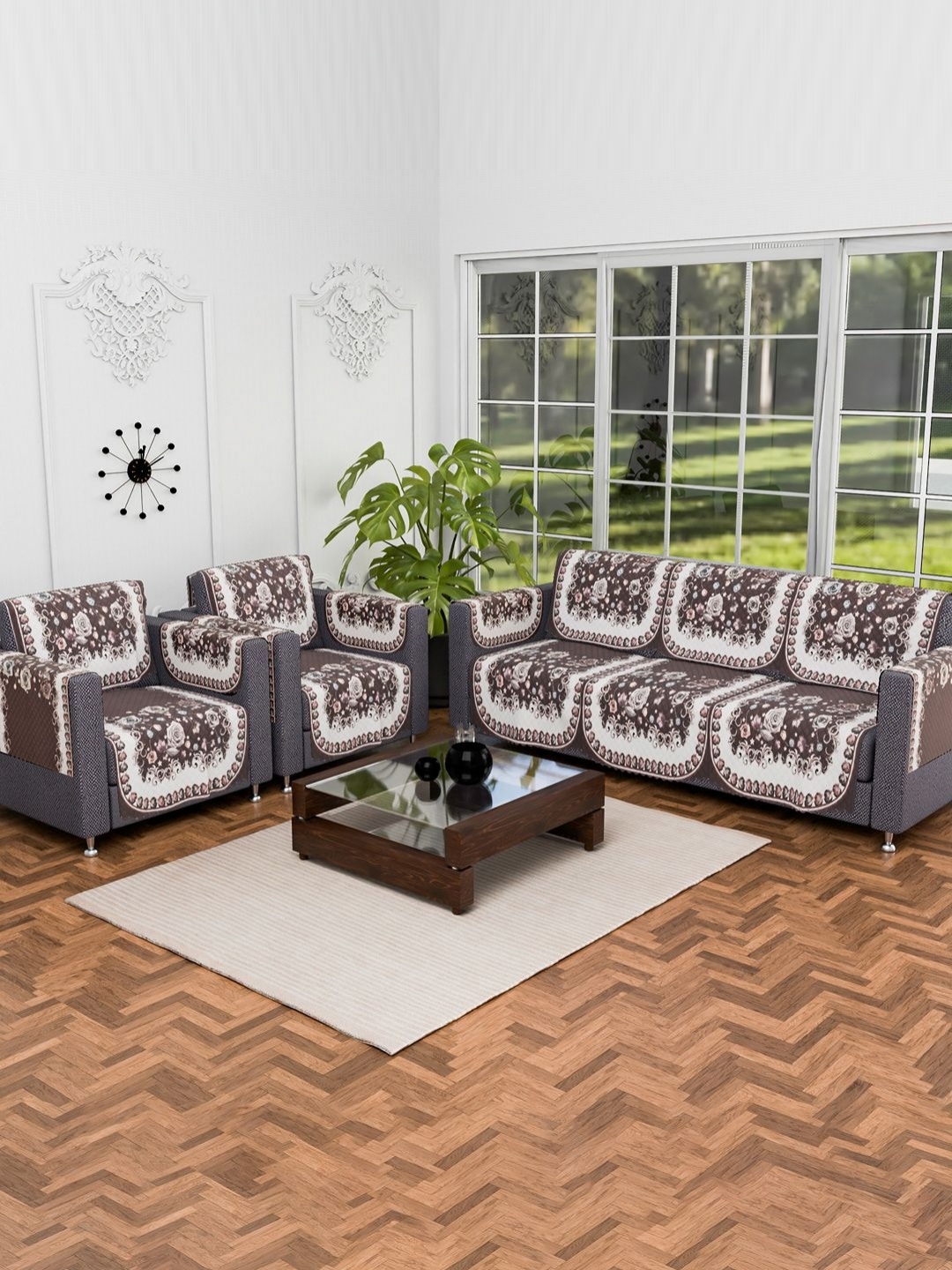 

Aura Brown & White 16 Pieces Printed 5 Seater Anti-Skid Sofa Cover With Arm Cover