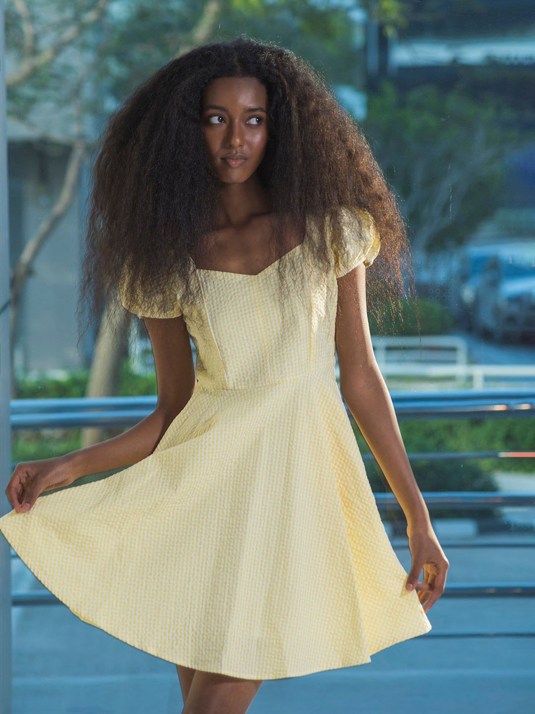 

Virgio Checked Women Cotton Sweetheart Neck Mini Length Checked Short Sleeves Dress, Yellow
