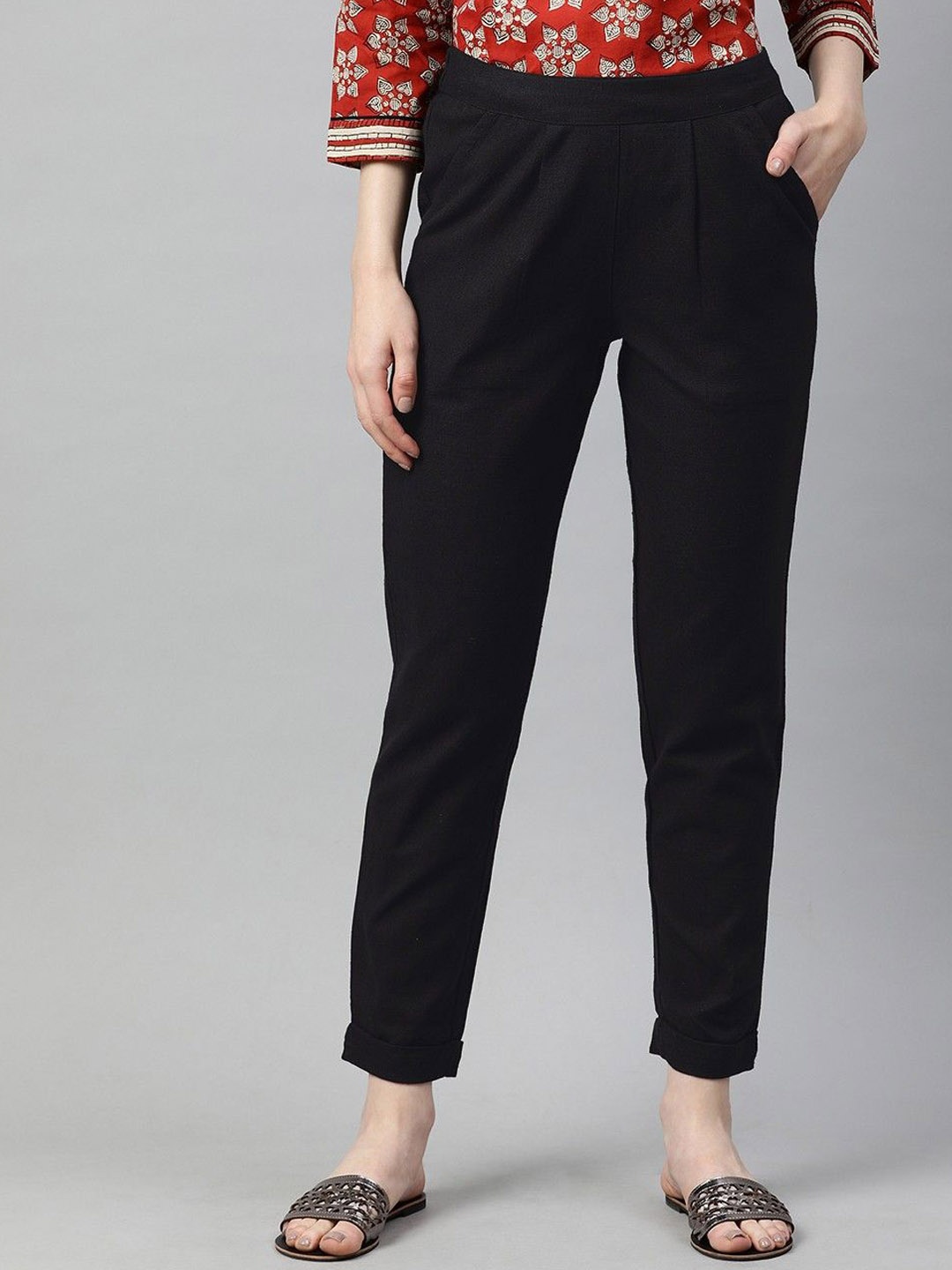 

CORSICA Women Relaxed Pleated Pure Cotton Cigarette Trousers, Black