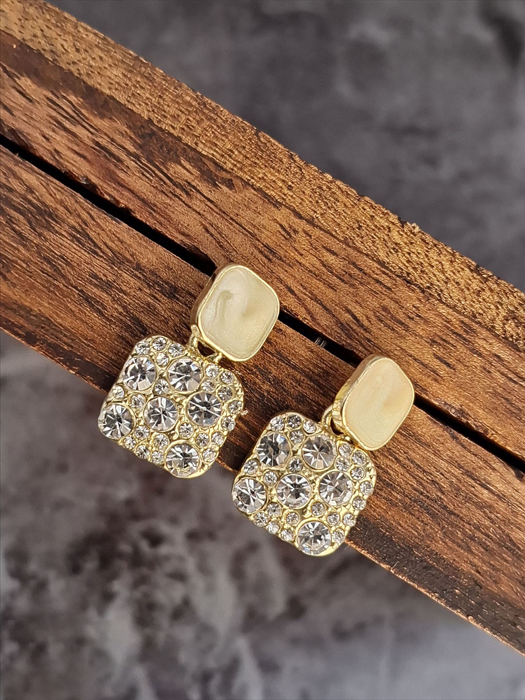 

Z HOME Gold Plated Square Shaped Crystals Studs Earrings