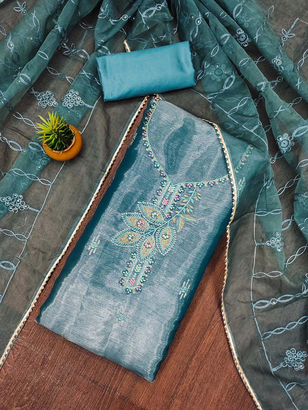 

SHADOW & SAINING Embroidered Sequinned Barbari Silk Unstitched Dress Material, Blue