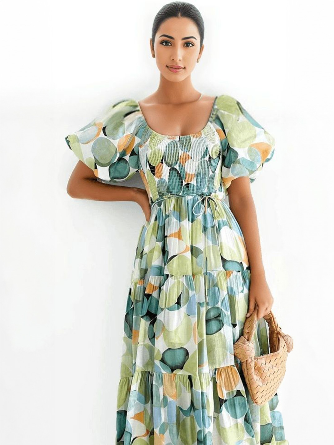 

FIESTA RESORTWEAR Women Abstract Printed Round Neck Bishop Sleeves Fit & Flare Dress, Multi