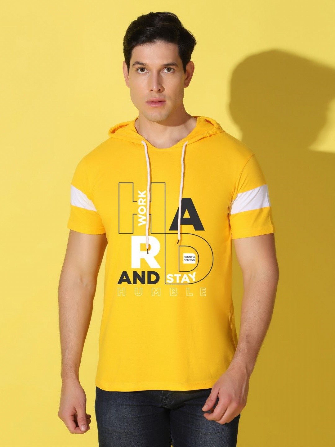 

WOOSTRO Men Typography Printed Hooded Slim Fit T-shirt, Yellow