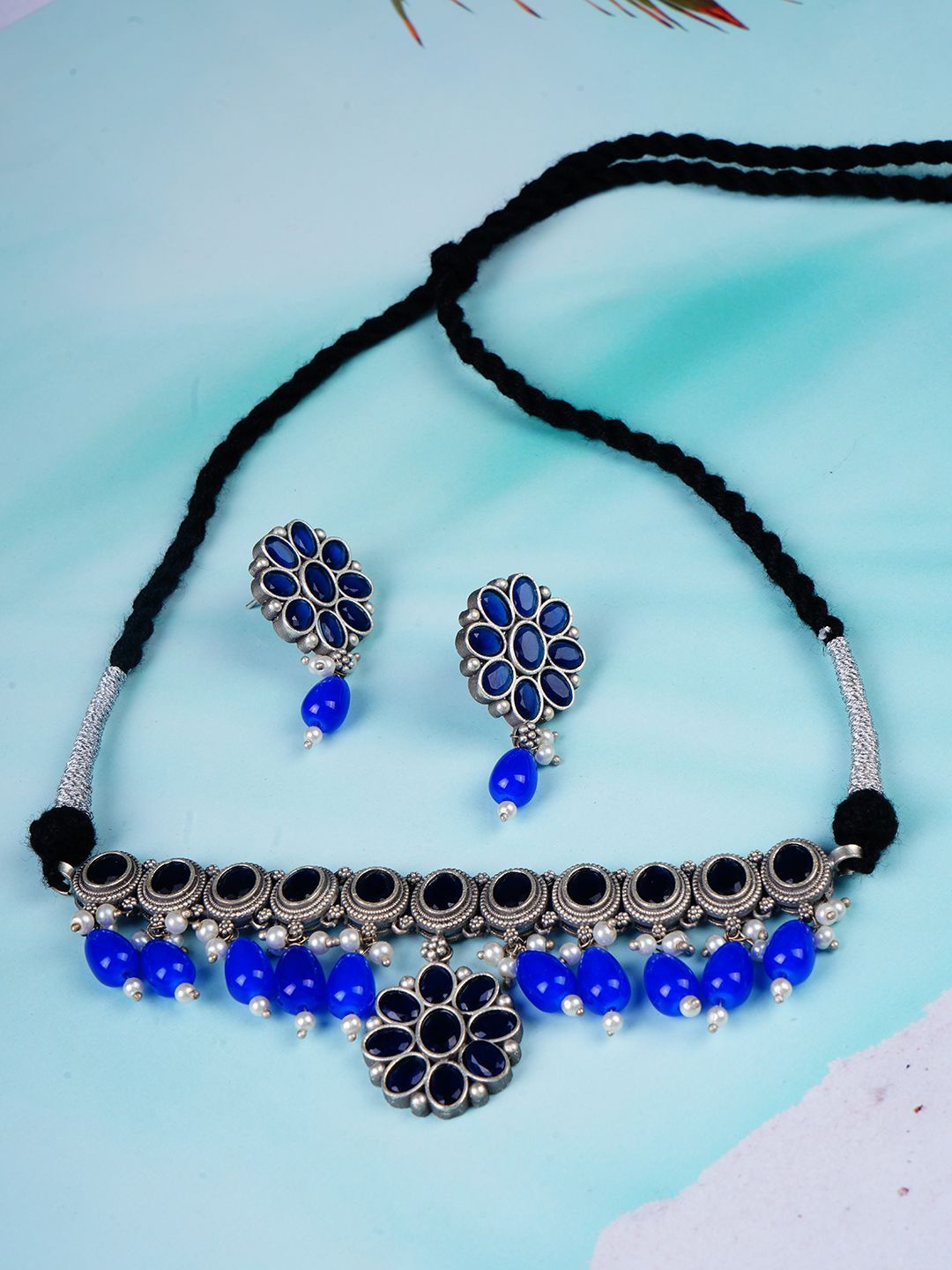 

Bamboo Tree Jewels Silver-Plated Stone Studded & Beaded Jewellery Set