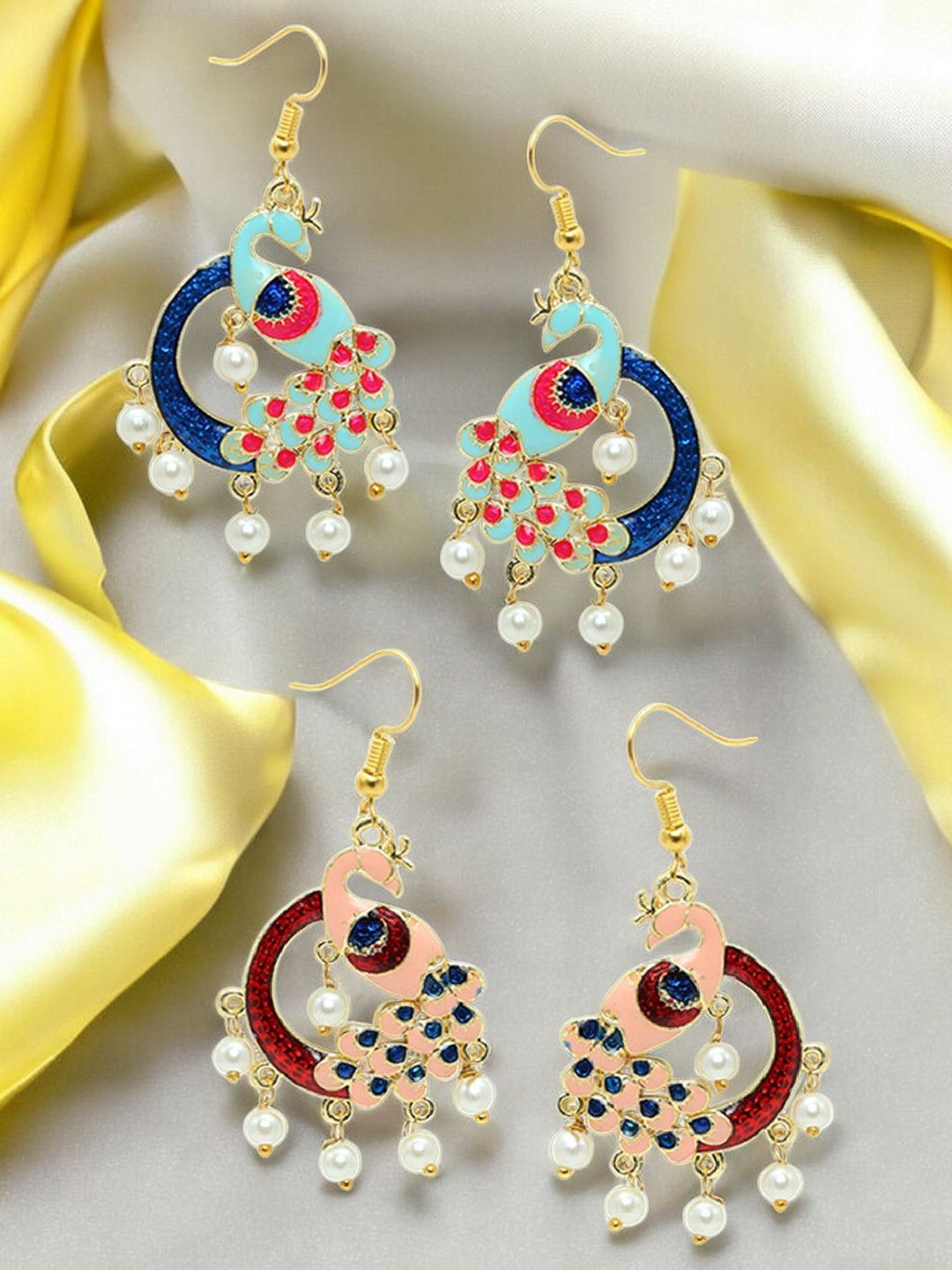 

Anouk Set Of 2 Artificial Beaded Peacock Shaped Meenakari Drop Earrings, Blue