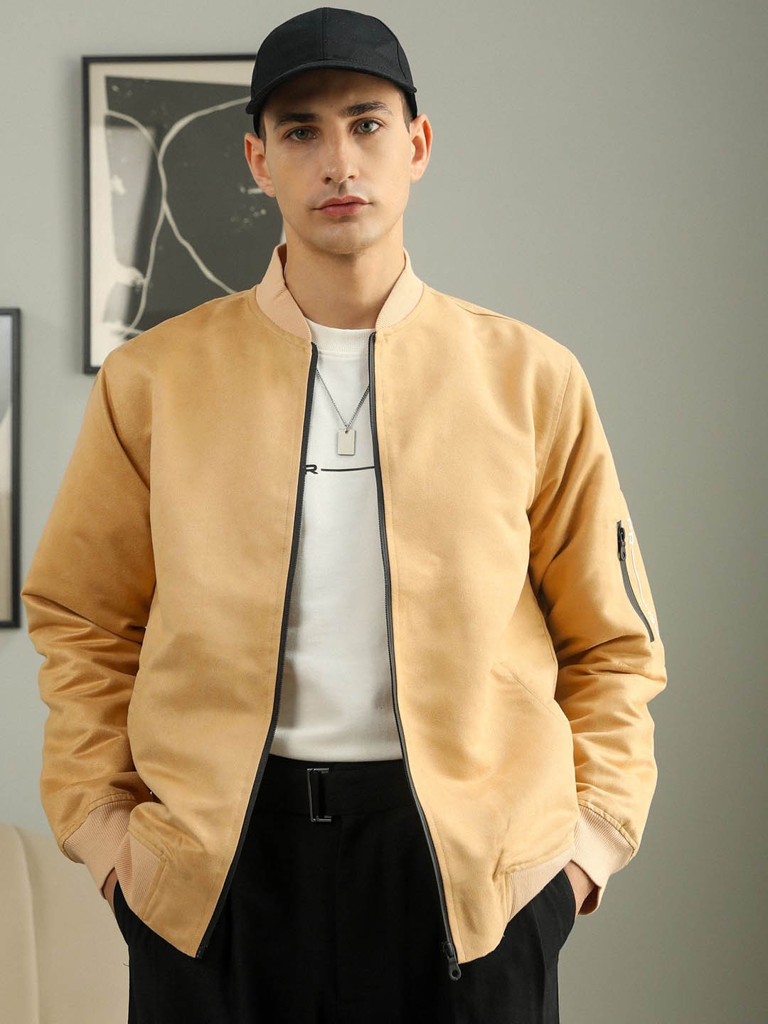 

PRIMAL GRAY Men Solid Stand Collar Bomber Jacket, Beige
