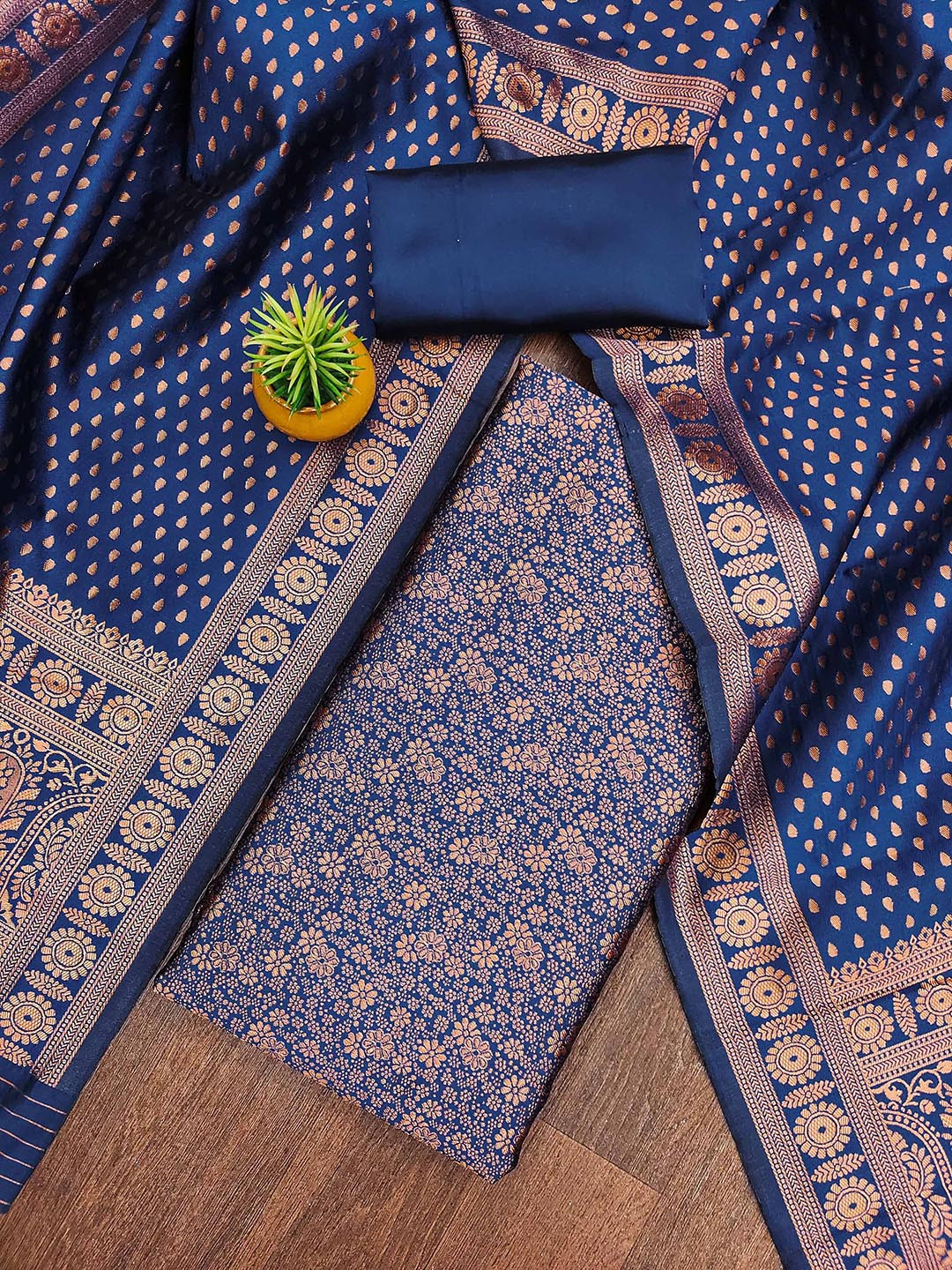 

SHADOW & SAINING Woven Design Jacquard Silk Unstitched Dress Material, Navy blue
