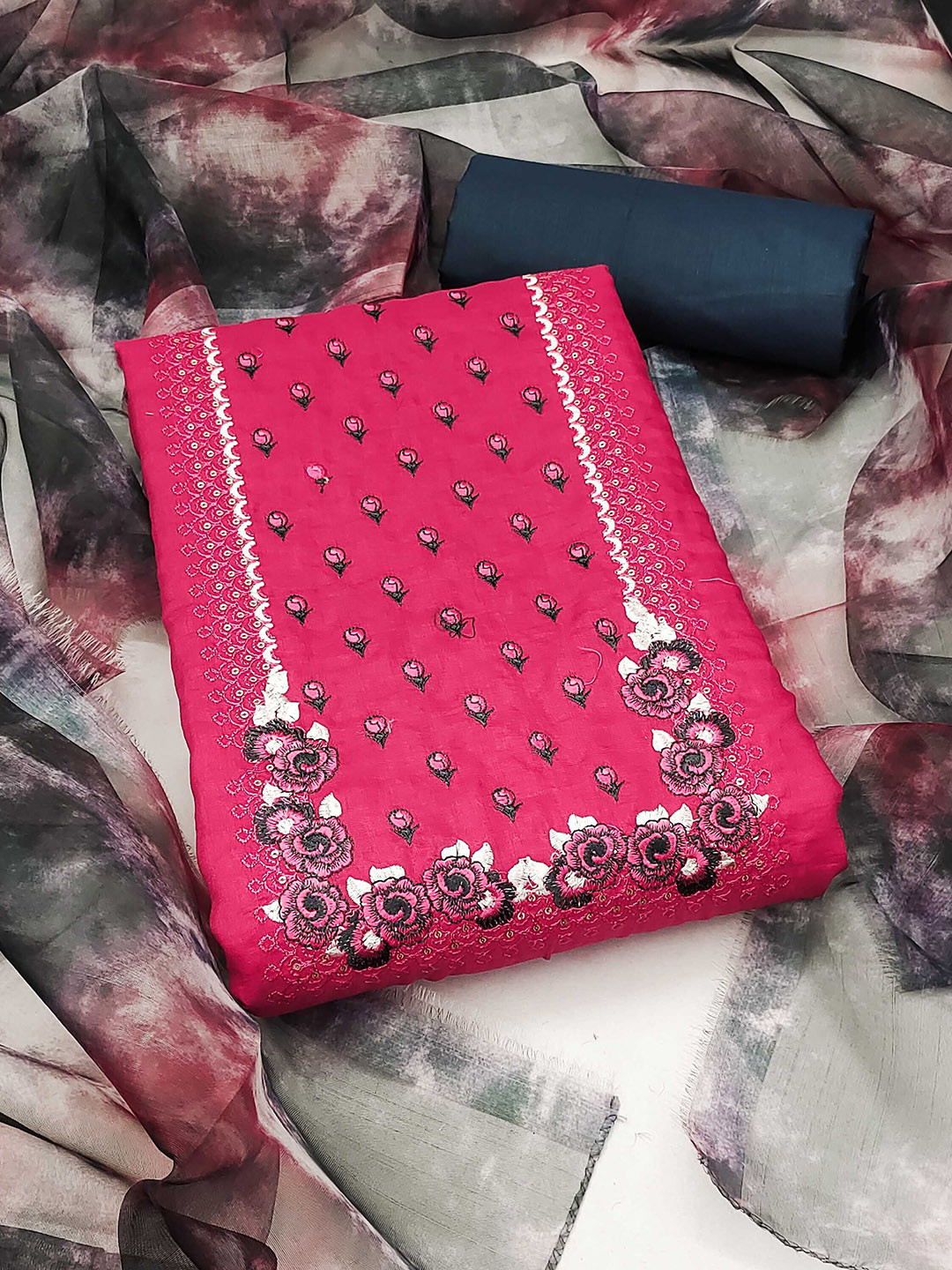 

SHADOW & SAINING Floral Embroidered Thread Work Unstitched Dress Material, Pink