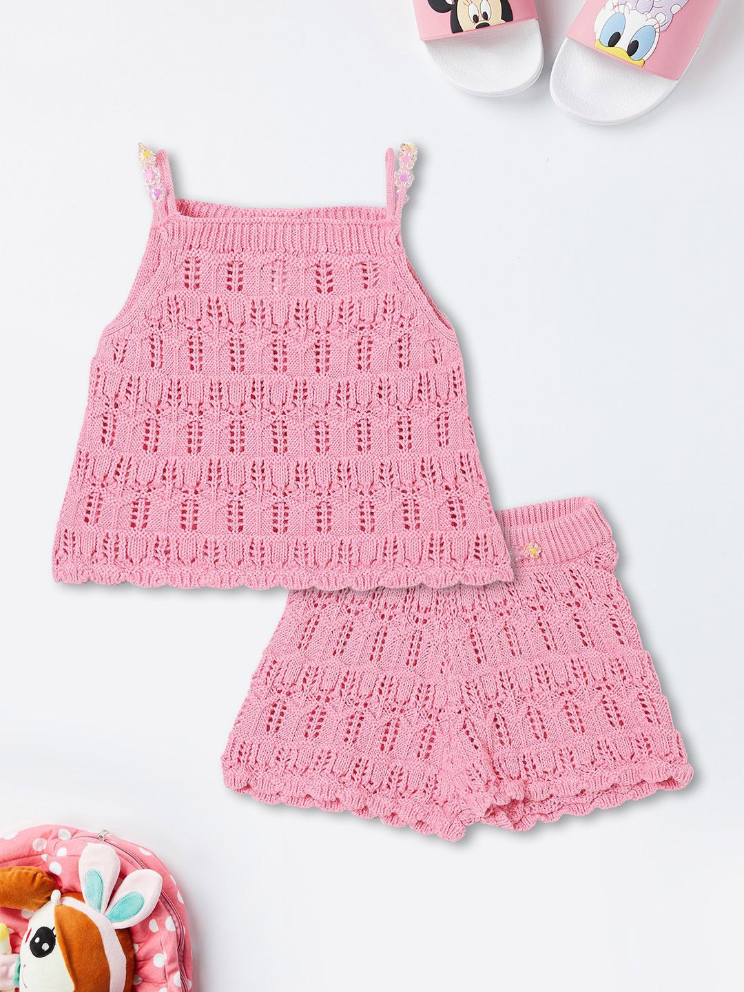 

max Girls Self Design Shoulder Straps Pure Cotton Top With Shorts, Pink