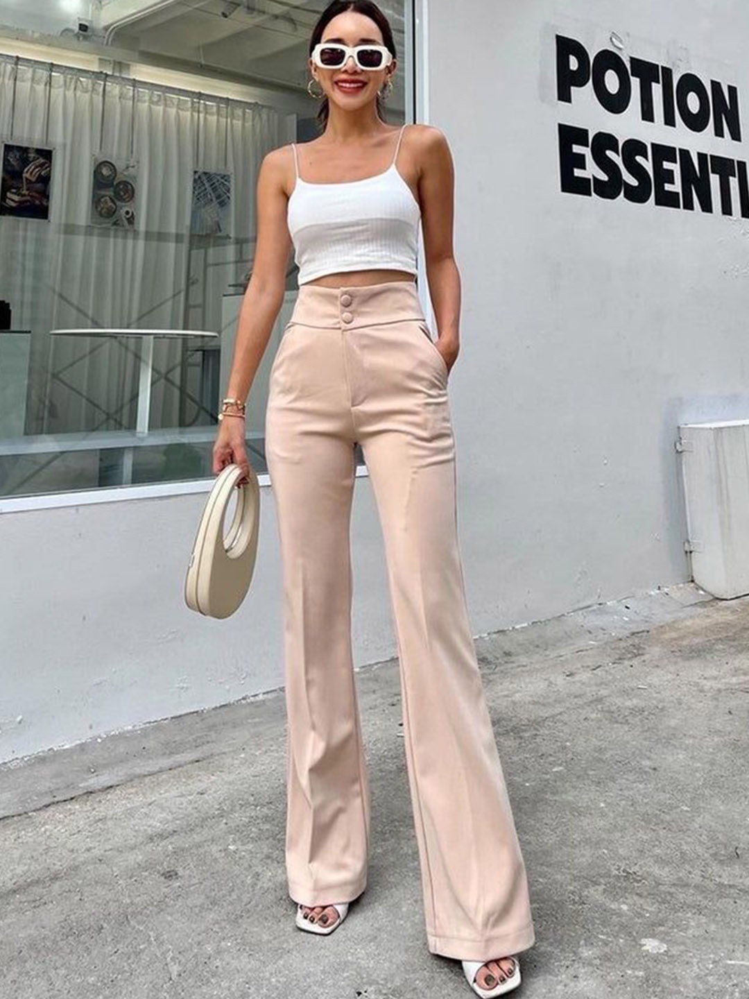 

HIGH BUY Women Relaxed Loose Fit High-Rise Wide Leg Trouser, Beige