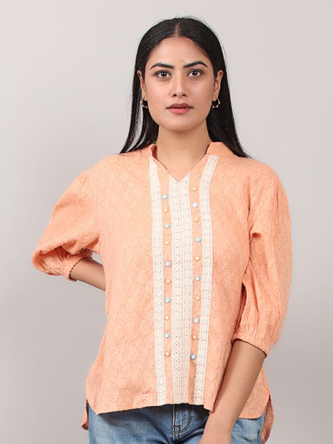 

Oskos Embroidered Mandarin Collar Cotton Top, Peach