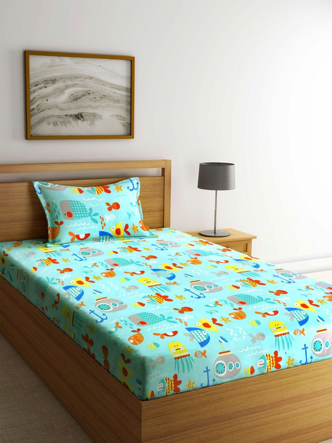 

Myntra Elegant Homes Turquoise Blue & Red Cartoon Characters 300 TC Single Bedsheet Set