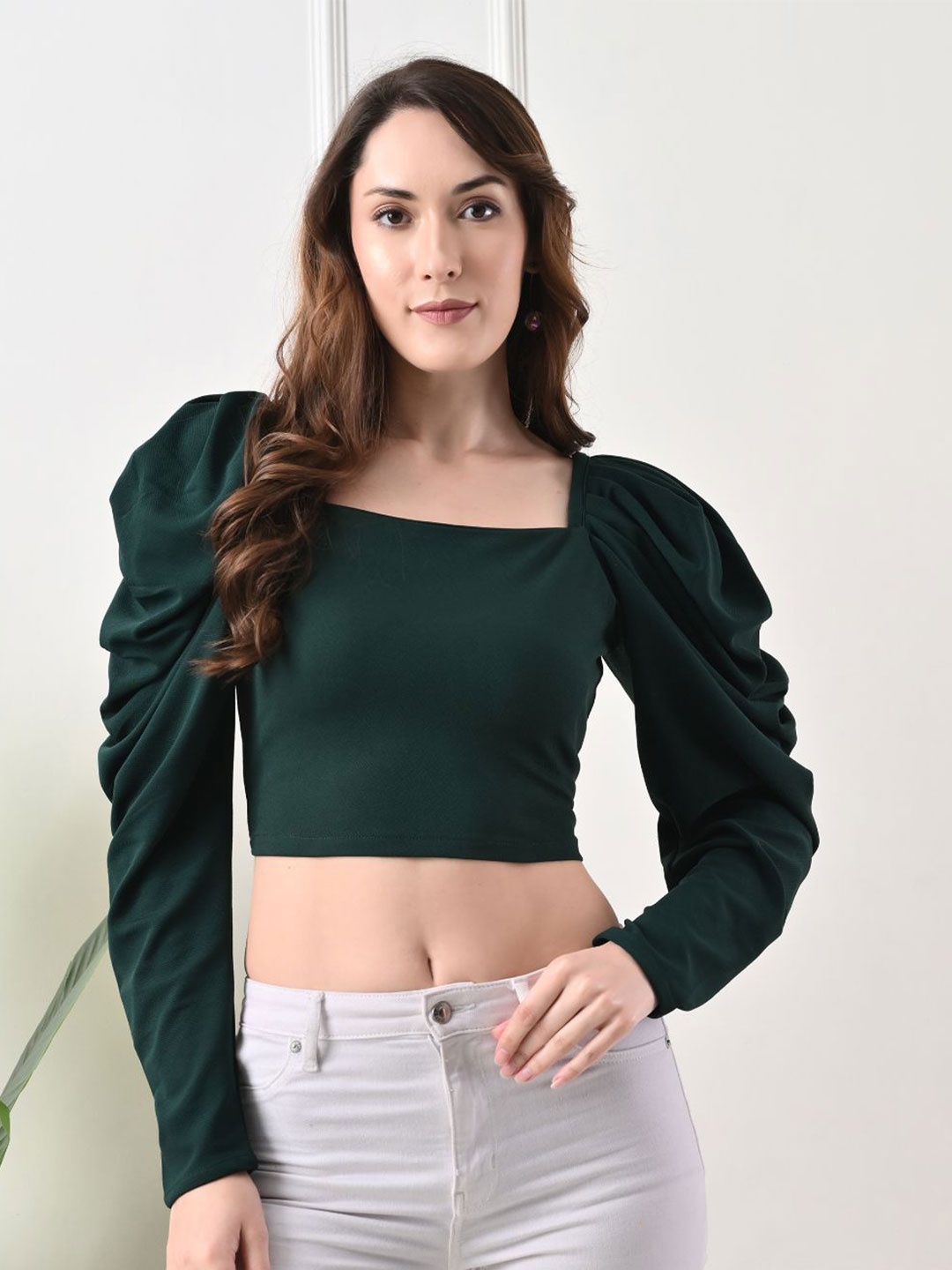 

BAESD Women Puff Sleeve Crop Top, Green