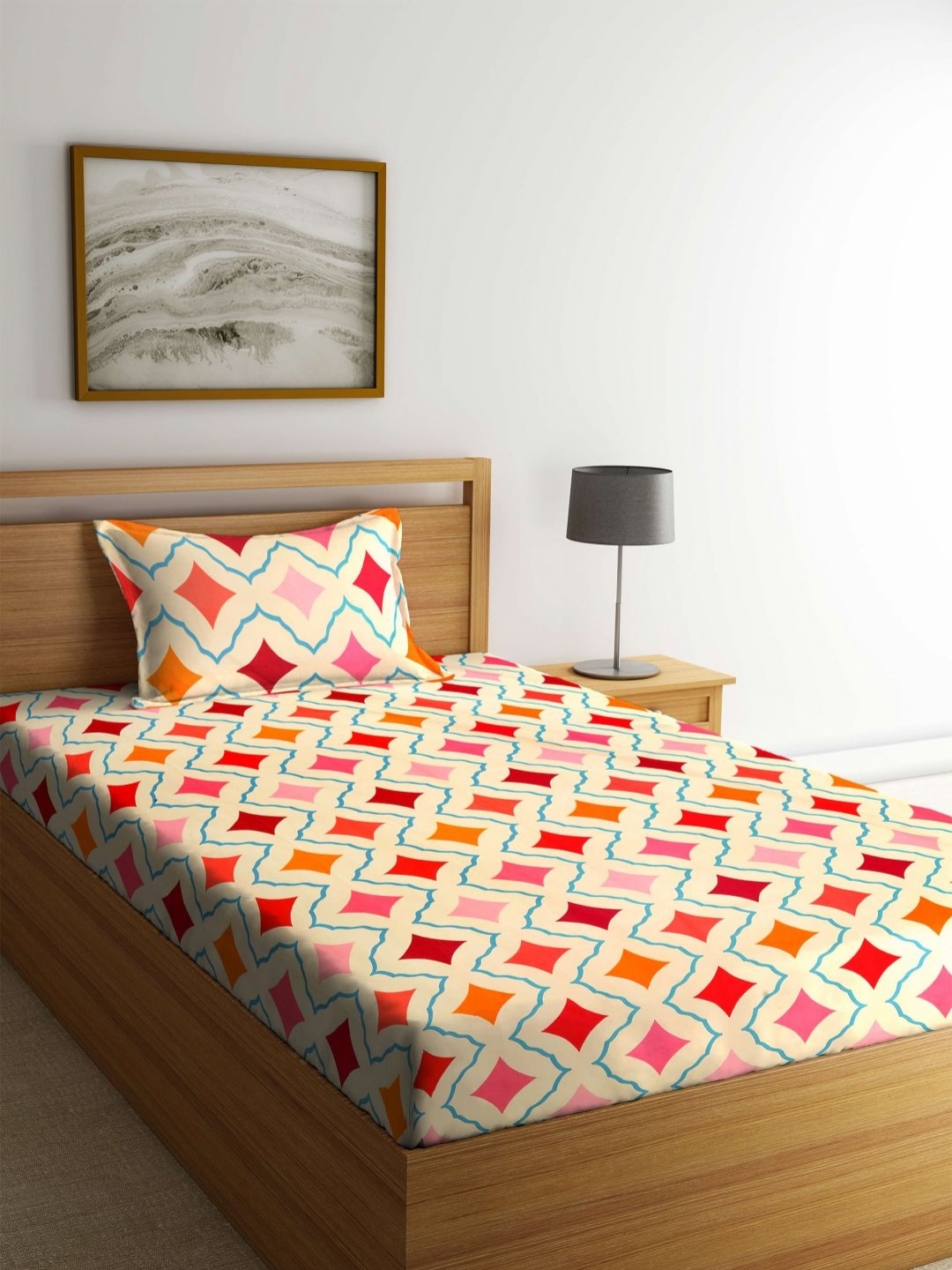 

Myntra Elegant Homes Cream & Blue Geometric 300 TC Single Bedsheet Set 2.2 m x 1.5 m