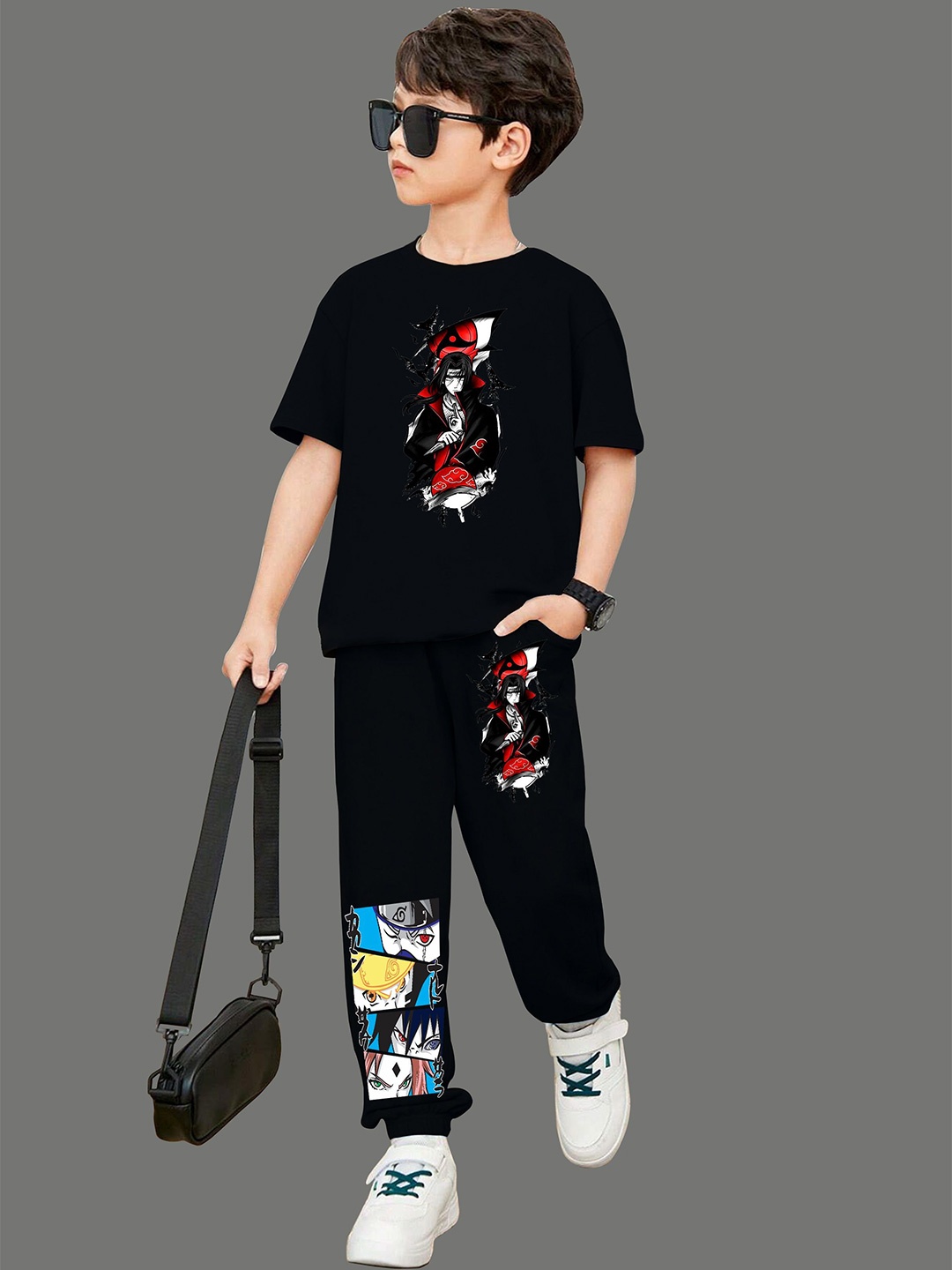 

MODARUE Boys Naruto Itachi Uchiha Printed Round Neck T-Shirt With Jogger, Black