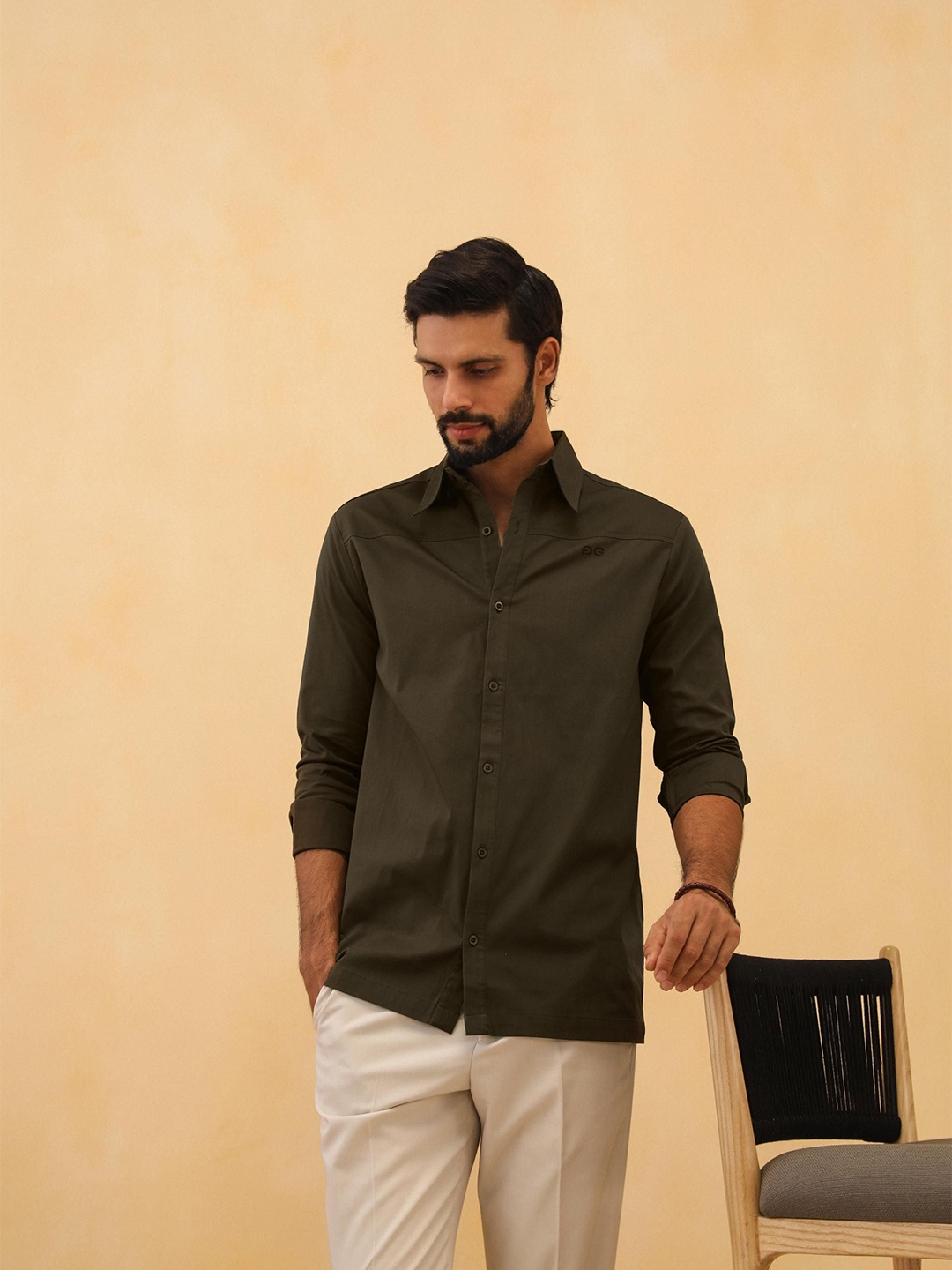 

PRIMAL GRAY Men Oversized Fit Spread Collar Solid Cotton Casual Shirt, Olive