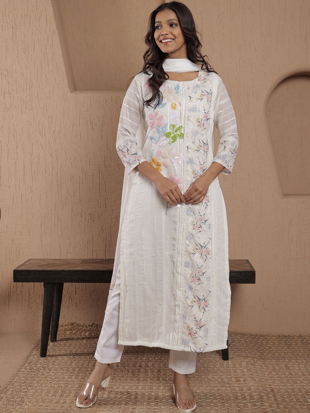 

SRIHA Floral Printed Sequinned Straight Kurta With Trouser And Dupatta, White