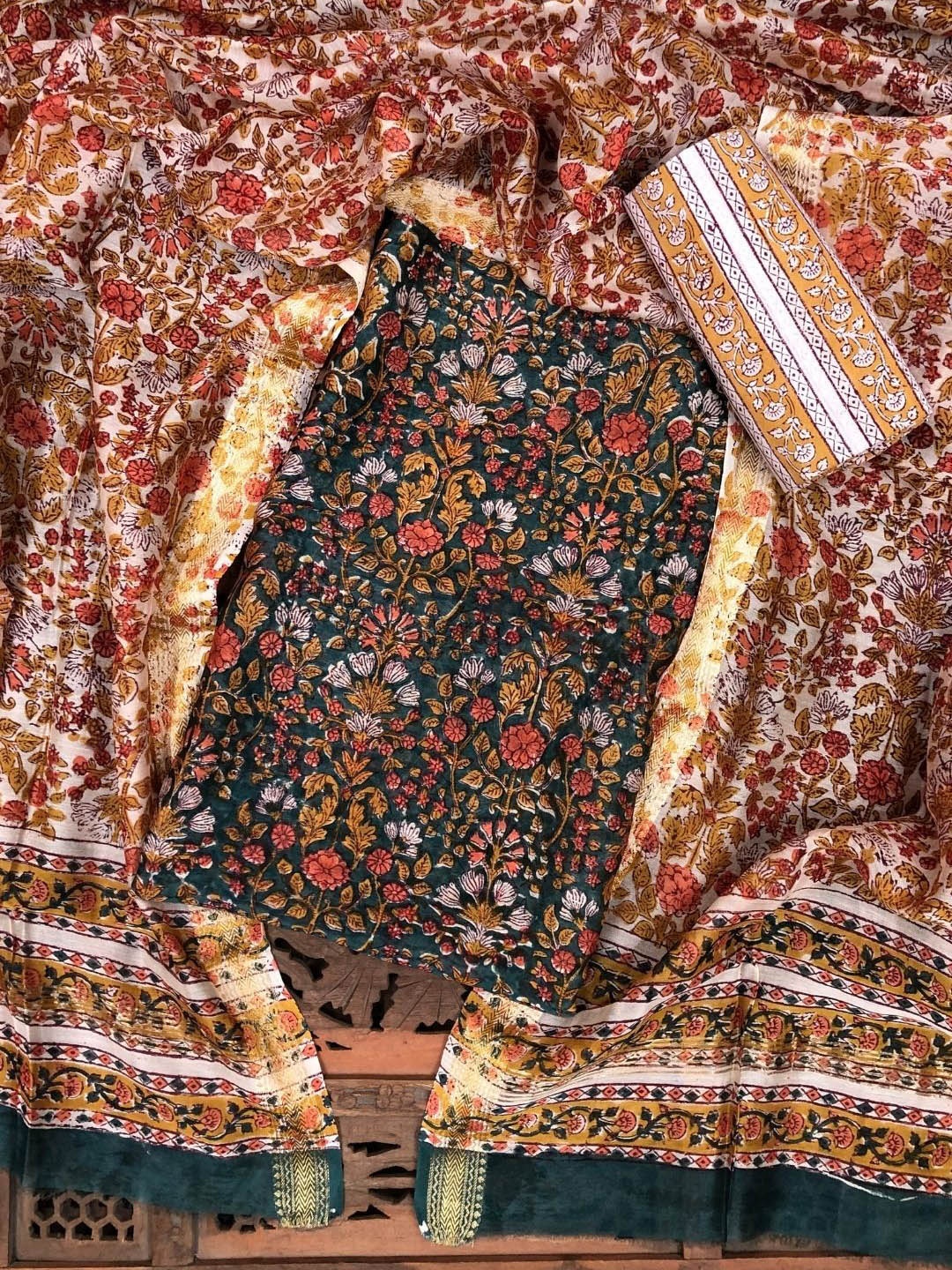 

PALASH Floral Block Printed Pure Silk Unstitched Dress Material, Green
