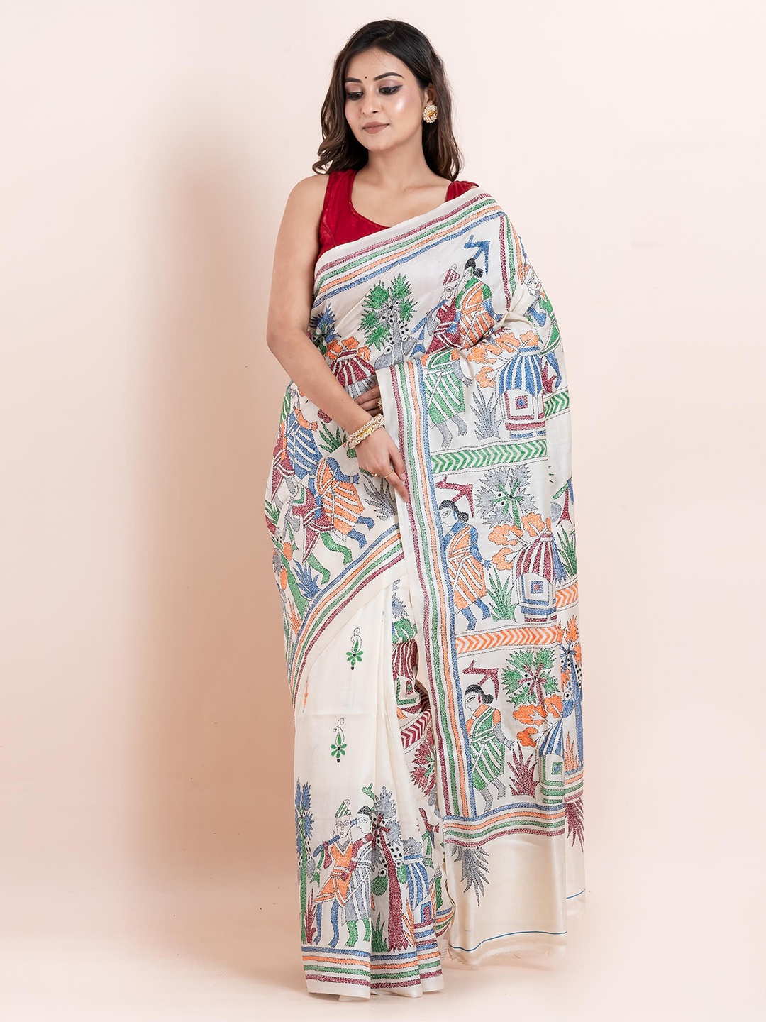 

PUKU Kalamkari Embroidered Kantha Work Pure Silk Saree, White